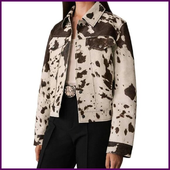 Women's Animal Print Denim Jacket Cropped Button Up Casual Motorcycle Style